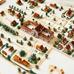 Miniature Townscape Detailed Model of a Quaint Village with Trees and Buildings, Architecture ,Landscape