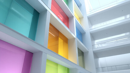 Vibrant abstract building interior with colorful glass panels and natural light.