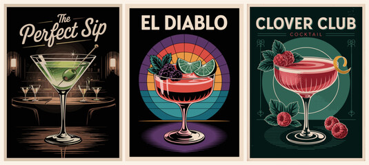 Set of Cocktail posters in retro style. The Perfect Sip, El Diablo, and Clover Club alcohol drinks. Colorful vector art illustrations