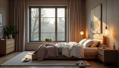 Cozy Bedroom with Large Window and Warm Lighting
