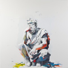 Obraz premium A colorful, dynamic interpretation of a classical statue, rendered with chaotic brushstrokes and vibrant colors, as if caught in a moment of contemplation or dance.