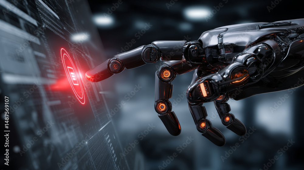 Poster the robot hand or arm presses the button on the touchscreen. protection from bots. illustration. spa