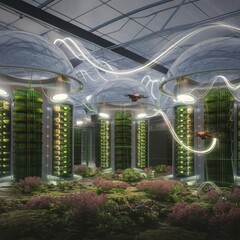 Climate-Proof Agriculture: &ldquo;A high-tech greenhouse employs vertical farms under cyclonic-resistant domes, with mist-cooling systems outlined by glowing injection points. Drones pollinate blooms as dat