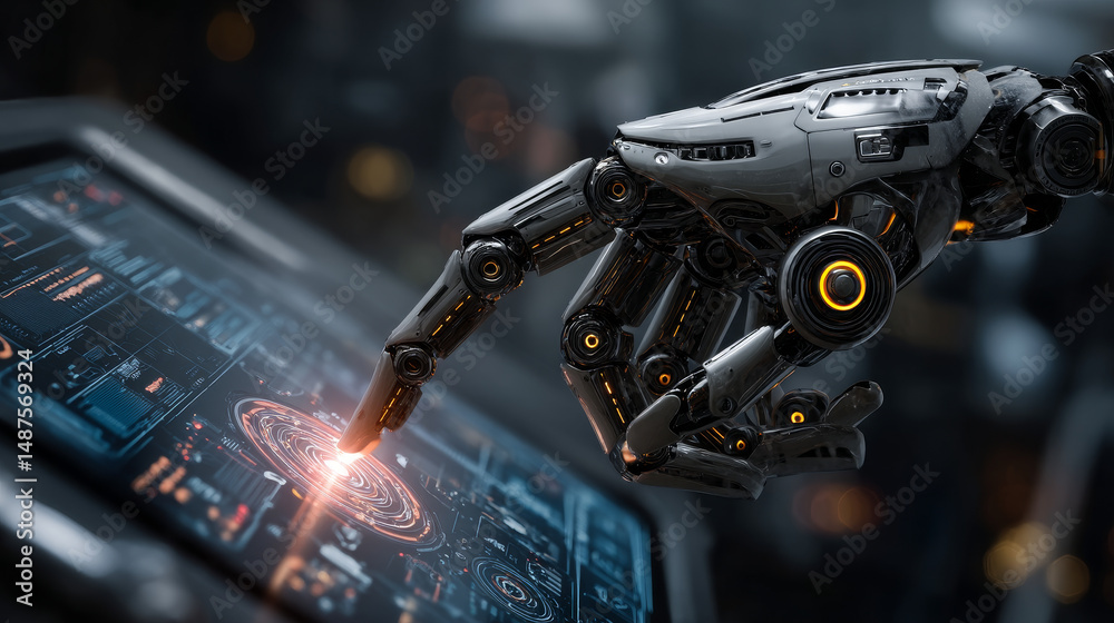 Poster the robot hand or arm presses the button on the touchscreen. protection from bots. illustration. spa
