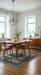 Fototapeta premium Elegant Dining Room: Mid-Century Table, Modern Chandelier, Black & White Rug, Natural Light, & Stylish Decor Inspiration!