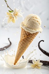 Creamy white coconut ice cream in a classic cone, surrounded by vanilla flakes and a tropical flower, set against a gentle pastel background—evoking island vibes and healthy indulgence.