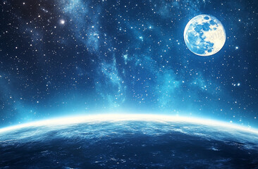 Obraz premium Celestial panorama featuring a radiant full moon over a curved world