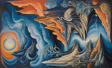 Obraz premium Abstract expressionist painting depicts the interaction of various natural elements, light, water, tree, sky and moon.