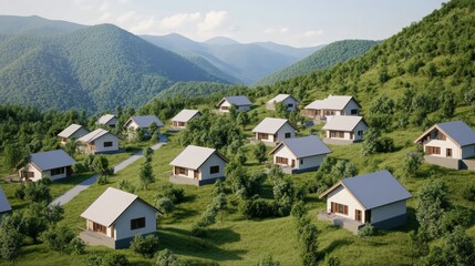Fototapeta premium Mountain Retreat Aerial view of cottage homes on a lush hillside,nature, architecture