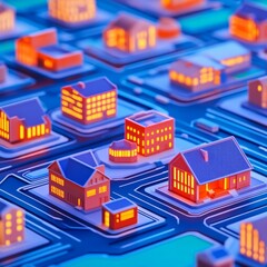 Neon Cityscape Futuristic Houses on a Circuit Board, tech ,architecture