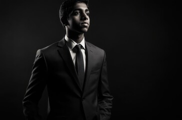 Fototapeta premium a young Indian diplomat wearing a tailored suit, film still composition with soft lighting and deep shadows on a black background