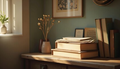 Books on Wooden Table with Vase and Framed Picture in Cozy Room
