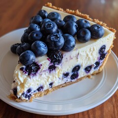 A slice of cheesecake with a base, topped with fresh blueberries, served on a white plate.