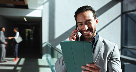 Office, businessman and tablet with phone call for networking, talking and consulting for finance....