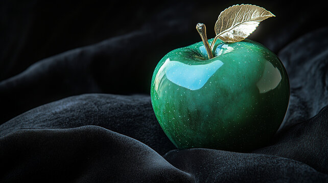 Emerald apple with gold leaf stem on luxury black velvet cushion fine art product photography real photo