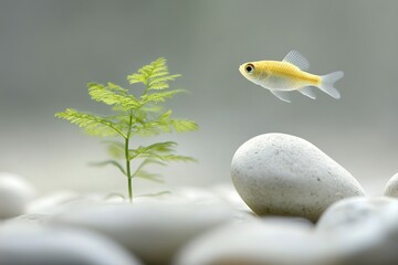 Tiny fish surveys its serene rocky domain