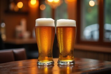 Two frothy beer glasses on table
