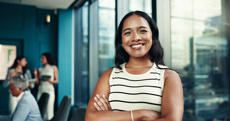 Arms crossed, finance or portrait of businesswoman in meeting for graphs, forecasting or accounting data. Smile, confident or financial analyst with economic update for budget report or investment