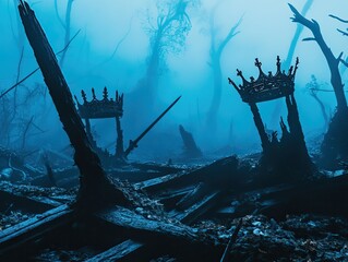 Ruined, mystical forest scene with crowns and weaponry.