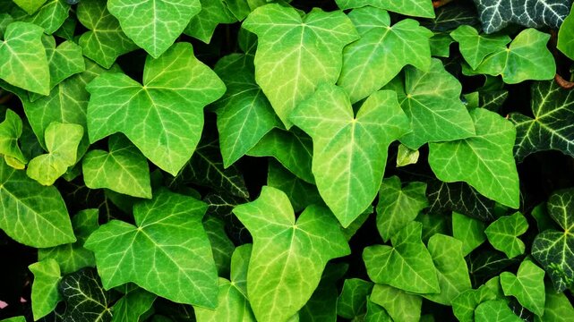 Close up of young green ivy leaves gently moving in wind