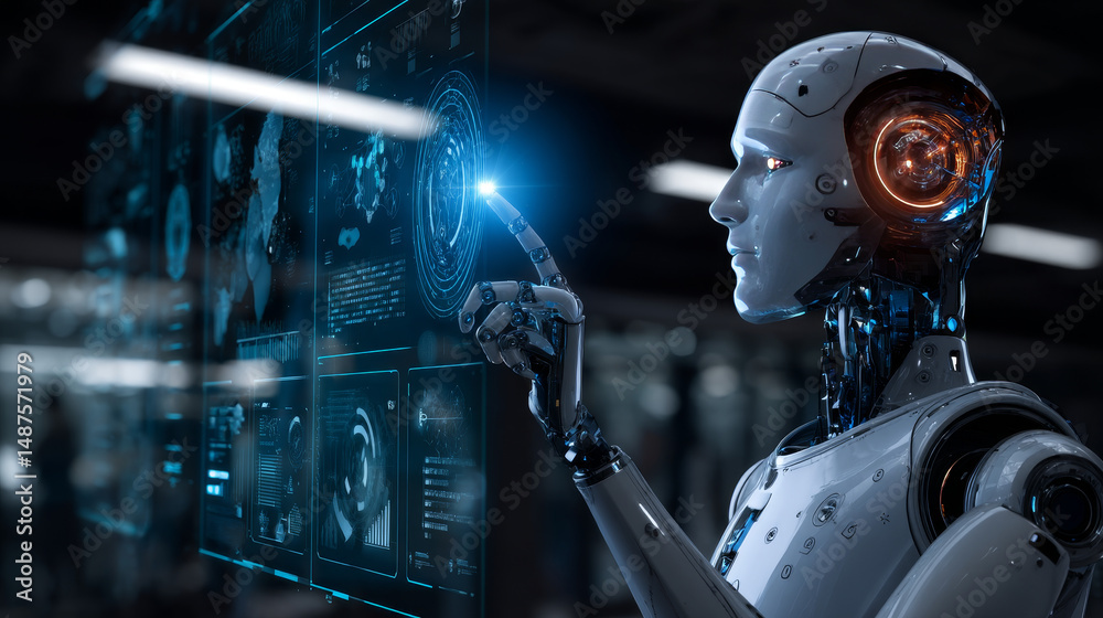 Fototapete Robot work side view. Cyborg or android woman touches virtual graphics interface. Ai or artificial intelligence analyzes abstract information on hud. futuristic technology banner.