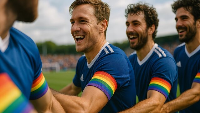 Soccer players wearing rainbow armbands are laughing and showing their support for lgbtq rights and inclusion in sports, promoting diversity and equality on the field