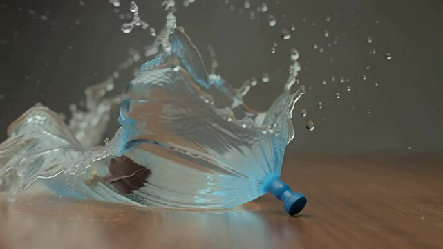 A water-filled balloon sways gently at the center of the frame. Suddenly, from the right side at mid-height, a dart shoots in at high speed.