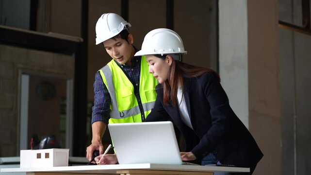 Two architects or civil engineers visiting large construction site, looking at floor plans.