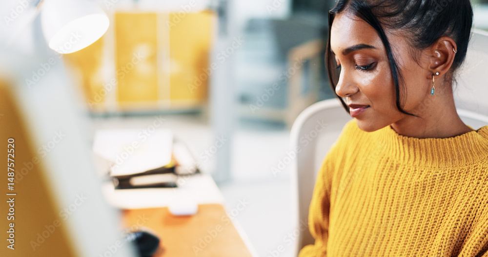 Poster thinking, computer and business woman with vision for insight, inspiration or planning decision. sta