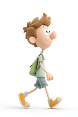 Animated character joyfully walking forward with a backpack, embodying adventure and positivity in a minimalist style on a clean white backdrop.