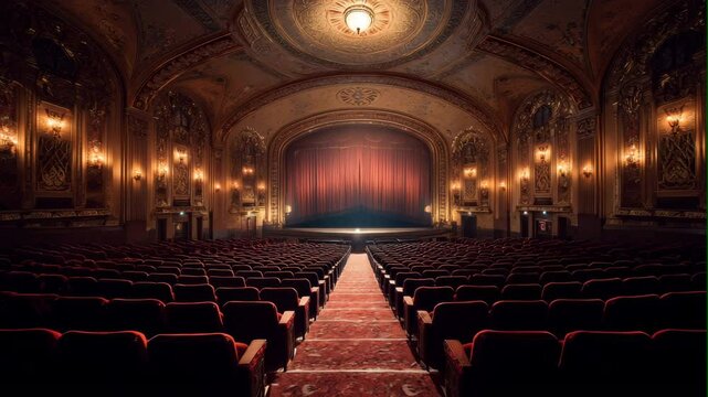 Empty ornate theater with closed stage curtain

