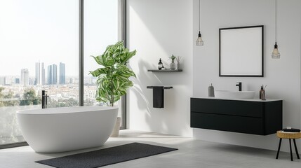Modern bathroom interior with city view.
