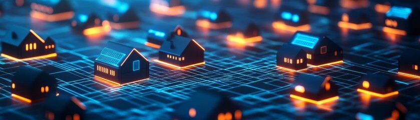 Smart Homes Network Futuristic Glowing House Grid, IoT , Connectivity