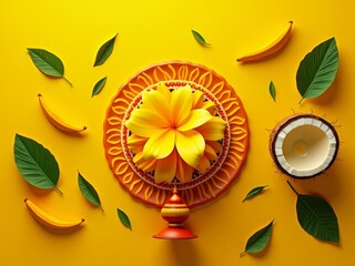 Yellow flower centerpiece with fruit on orange plate against yellow background