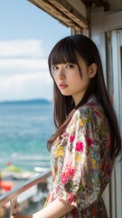 海の背景と美女のポートレート