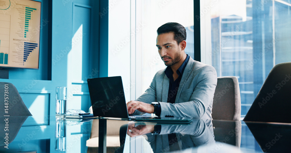 Aufkleber laptop, office and business man typing finance model, investment analysis and actuary reading stats.