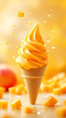 Mango Peach Sorbet Soft Serve with Golden Swirl and Stone Fruit Background in Bright Summer Tone