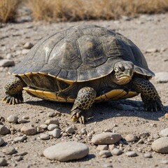 A terrapin turtle resting on cold riverbed, isolated
