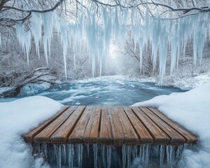 Frozen winter landscape with icicles and wooden walkway.