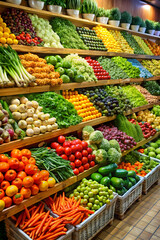 Vegetable stall at supermarket filled with fresh produce in organized colorful display