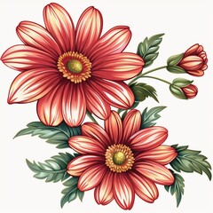 Two red flowers with yellow centers, depicted in a stylized style with detailed petals and natural-looking leaves, showcasing their beauty and intricate details.
