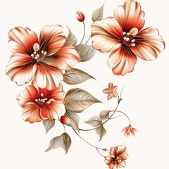Three unique flowers with realistic yet stylized petals and centers, accompanied by detailed leaves, set against a white background in a simple yet elegant composition.