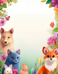 Obraz premium A whimsical illustration featuring various cute animals surrounded by colorful flowers.