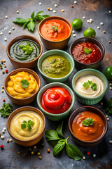 Bowls with different sauces in vibrant food styling with colorful condiment variety