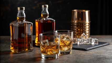 Whiskey Bottles and Tumblers with Ice in Dramatic Lighting