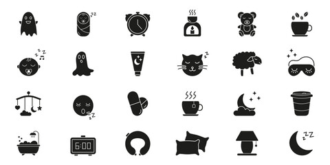 Sleep And Relaxation Icon Set. Sleep Aids, Nighttime Comfort, Relaxation Elements. Bedtime Routine, Restful Sleep, And Relaxation Silhouette Symbol Collection. Isolated Vector Illustration