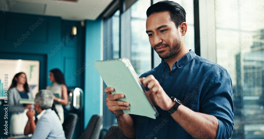 Poster tablet, office and business man online for financial research, investment results and reading email 