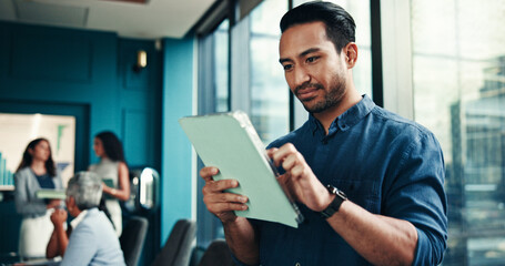 Tablet, office and business man online for financial research, investment results and reading email for analysis. Digital technology, app and worker check report for profit, metrics and coworking