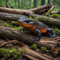 A rough-skinned newt dormant under log, soft blur