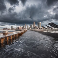 Obraz premium Extreme Weather Adaptation: “A coastal city skyline half-submerged under storm surge defenses—elevated walkways, seawalls—while monolithic clouds swirl overhead. Flood-resistant solar panels line rais